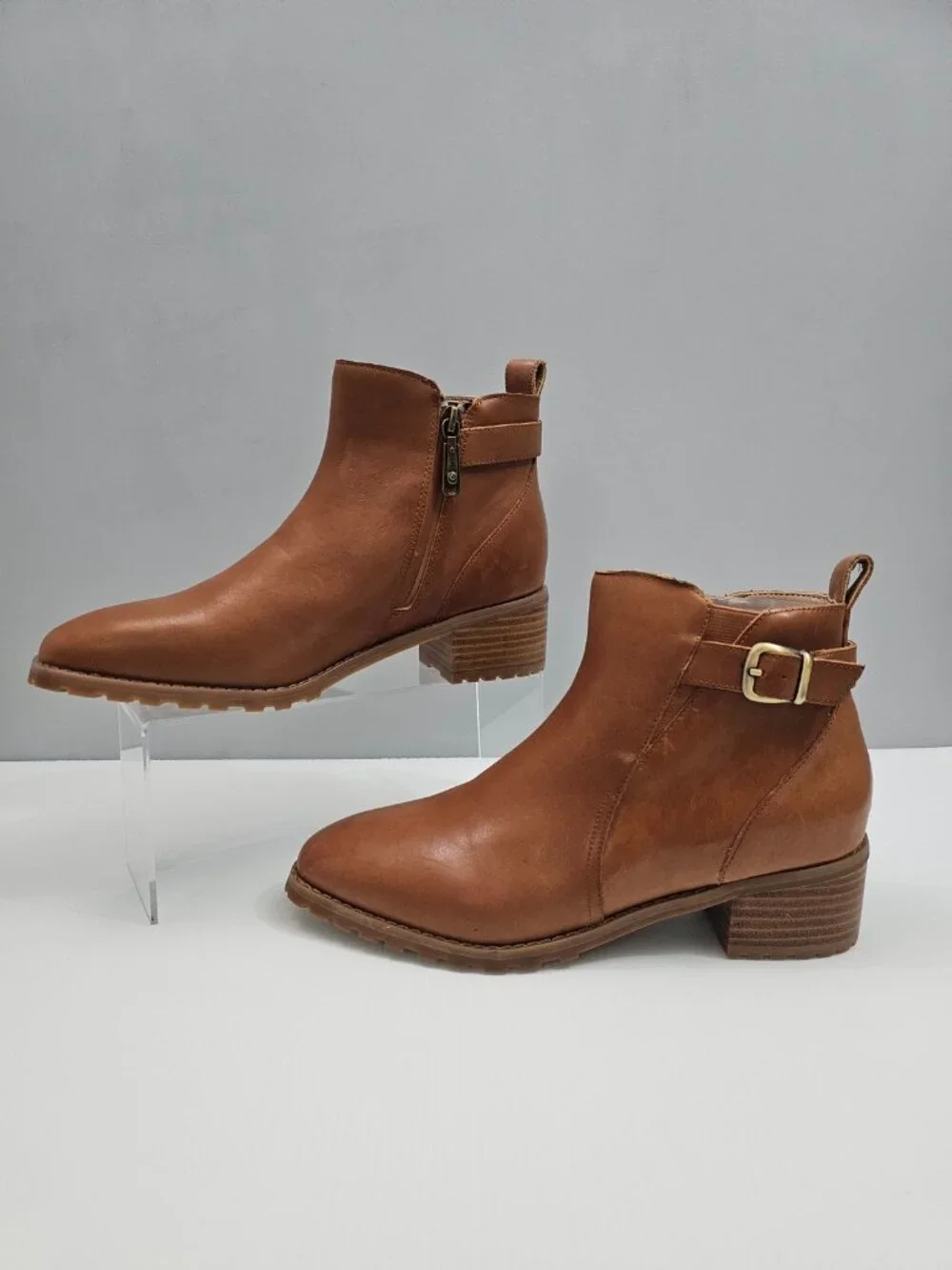 Blondo Sullivan Waterproof Ankle Boot Tan Leather Buckle Block Heel Womens 8